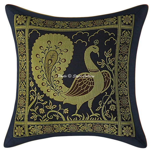 Indian Brocade Sofa Cushion Cover Handmade Peacock Pillow Case Cover Throw 12"