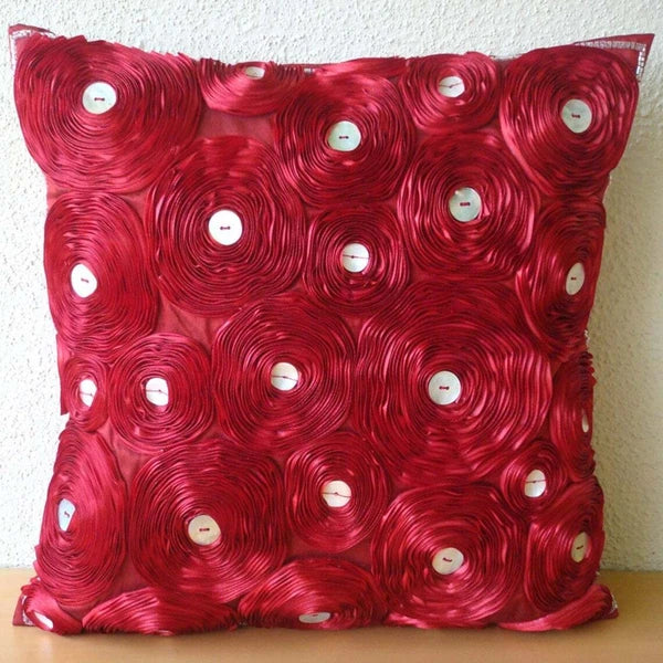Square Couch Pillow Cover Red 16"x16", Sofa Decor Silk Floral - Bed Of Roses