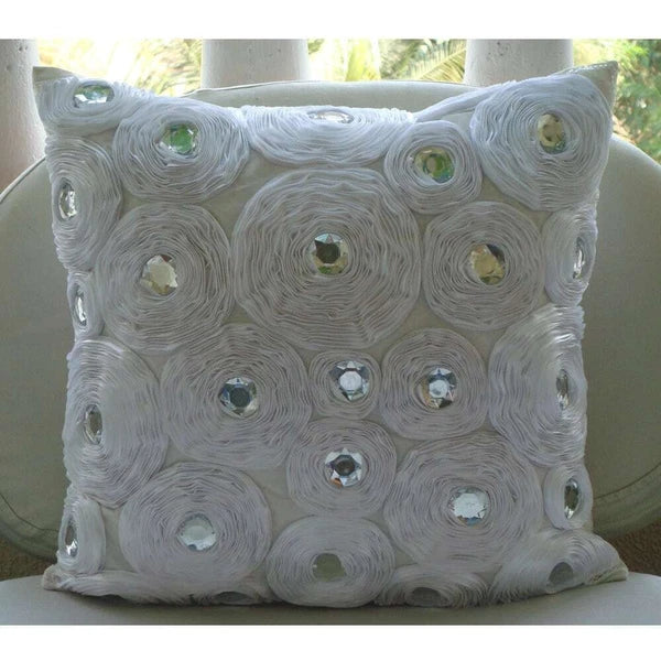 Couch Cushion Cover White 16"x16", Bed Decor Silk Floral - White Heaven