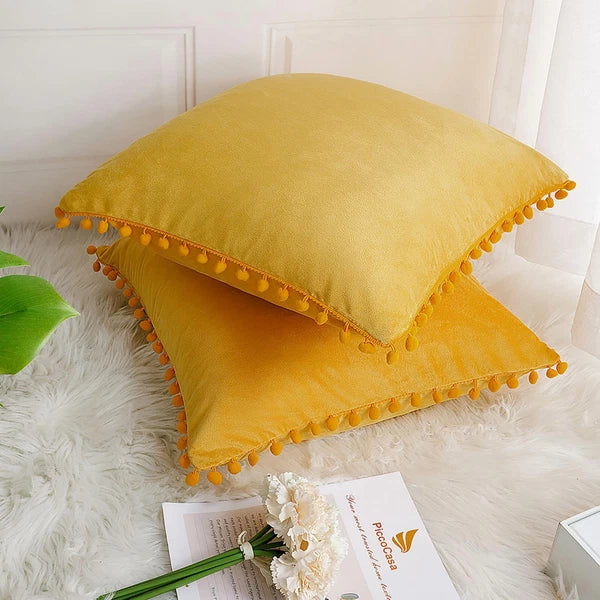 Velvet Pillow Cover with Pompoms for Sofa Bed 2PCS