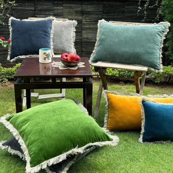 Boho Velvet Fringe Pillow Cover – Handmade Cotton Cushion for Sofa or Chair