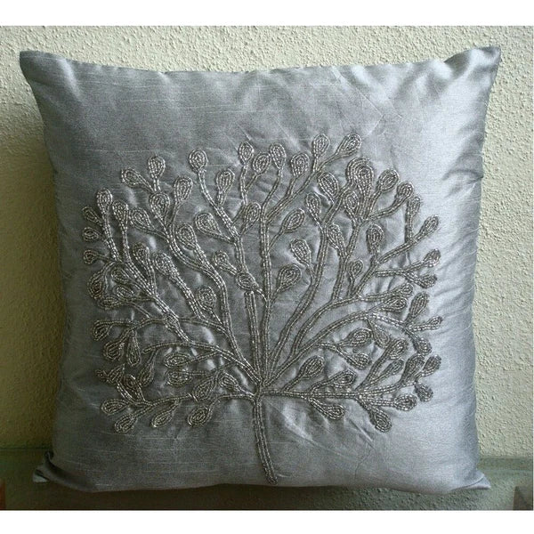 Sofa Pillow Cover Silver 16"x16", Bed Decor Silk Tree Beaded - The Silver Tree