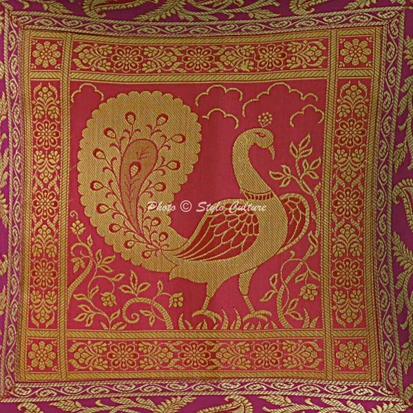 Indian Brocade Sofa Cushion Cover Handmade Peacock Pillow Case Cover Throw 12"