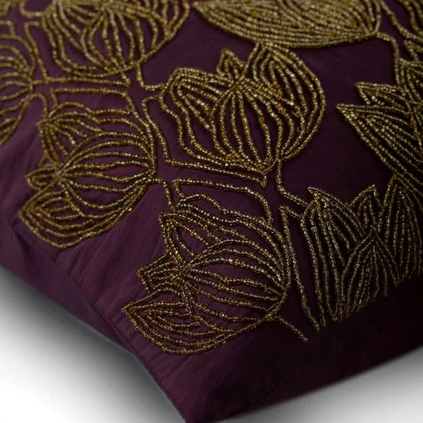 Square Sofa Cushion Cover Purple 16"x16", Bed Decor Silk Floral - Gold Tulips