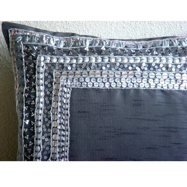 Couch Pillow Cover Grey 16"x16", Bed Decor Silk Metal Sequins - Treasure Trove