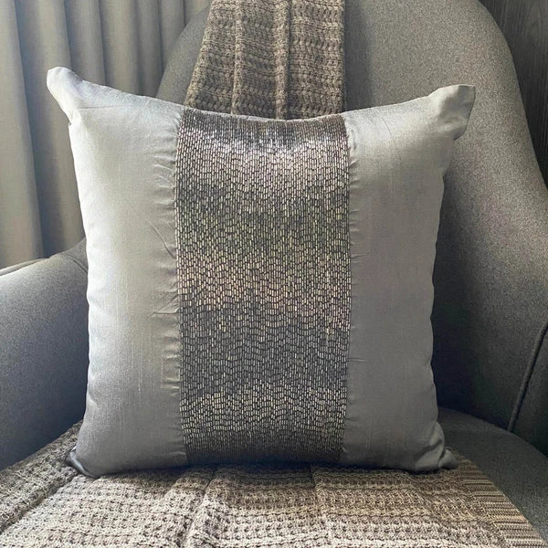 Couch Cushion Case Silver 16"x16", Bed Decor Silk Beaded - Silver Center