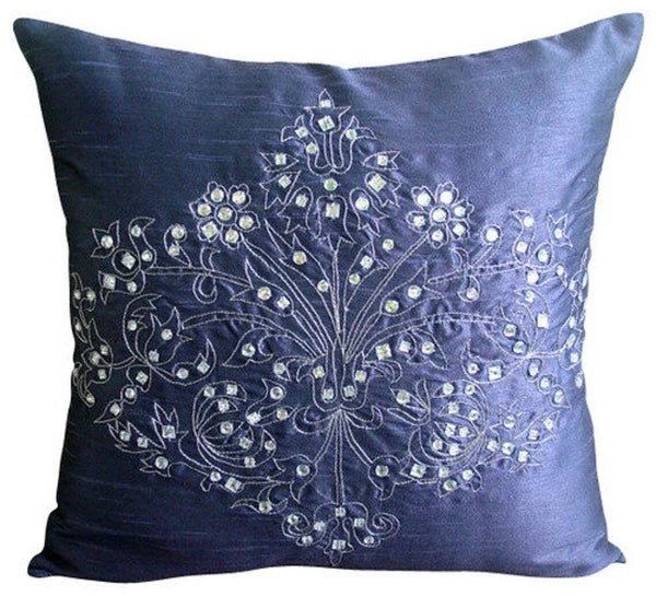 Square Couch Pillow Case Blue 16"x16", Bed Decor Silk Fabric - Crystal Damask