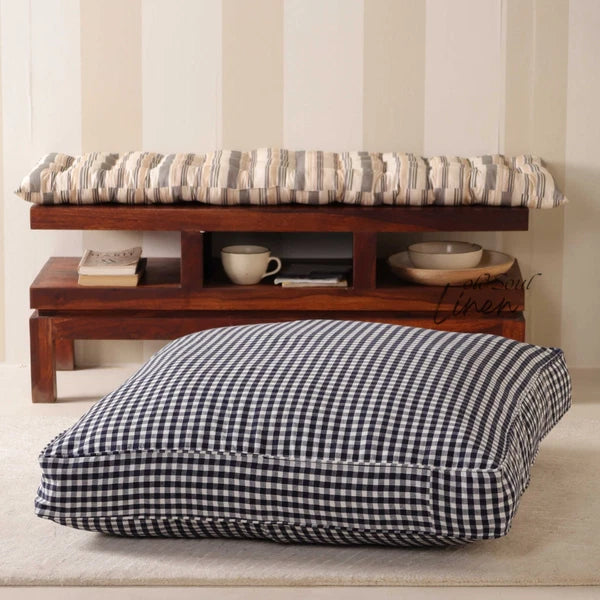 Gingham Check Gauze Linen Floor Cushion Case Pouf Cover Boho Minimalist Decor