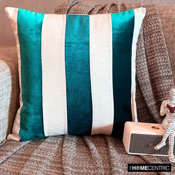 Couch Pillow Cover Blue 16"x16", Bed Decor Velvet Patchwork - Velvet Band Teal