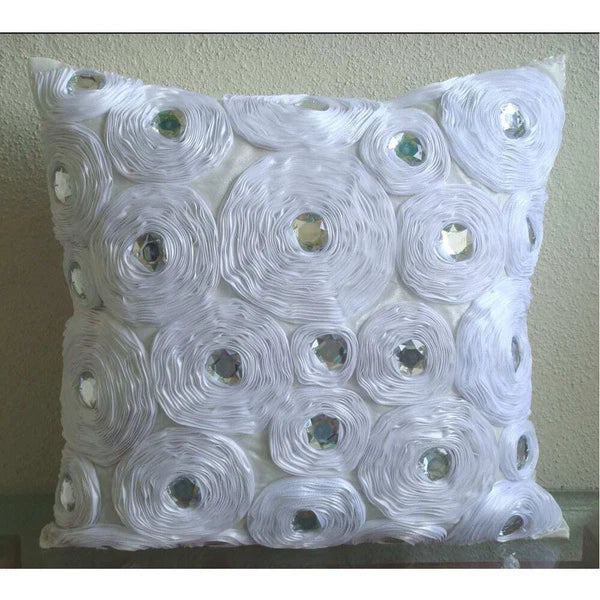 Couch Cushion Cover White 16"x16", Bed Decor Silk Floral - White Heaven