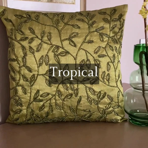Square Sofa Pillow Case Green 16"x16", Bed Decor Silk Leaf Beaded - Tropical