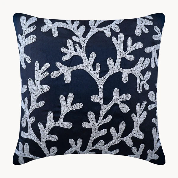Couch Pillow Cover Blue 16"x16", Bed Decor Silk Sea Creatures - Navy Corals
