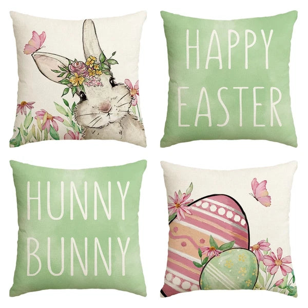 Happy Easter Pink Throw Pillow Covers, Easter Eggs Bunny Cushion Case for Sofa