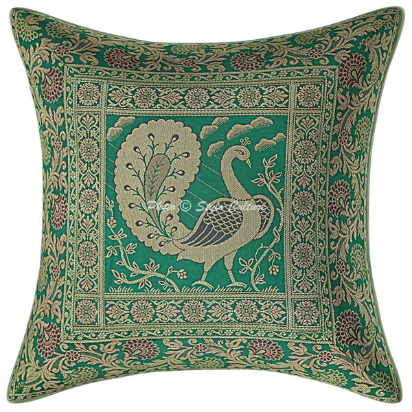 Indian Brocade Sofa Cushion Cover Handmade Peacock Pillow Case Cover Throw 12"