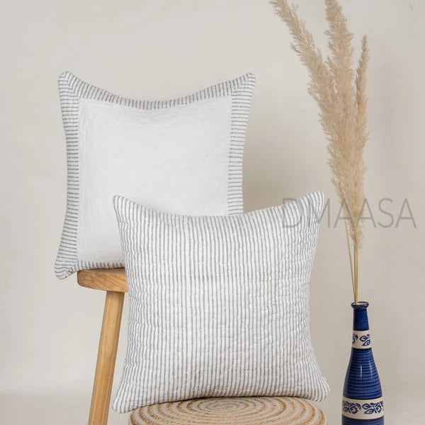 Grey Striped Block Print Cotton Indian Sofa Pillow Cover Bed Cushion Cover