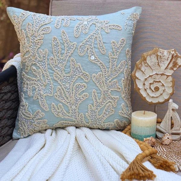 Decorative Sofa Cushion Case Blue 16"x16", Bed Decor Cotton - Pearly Sea Tangle
