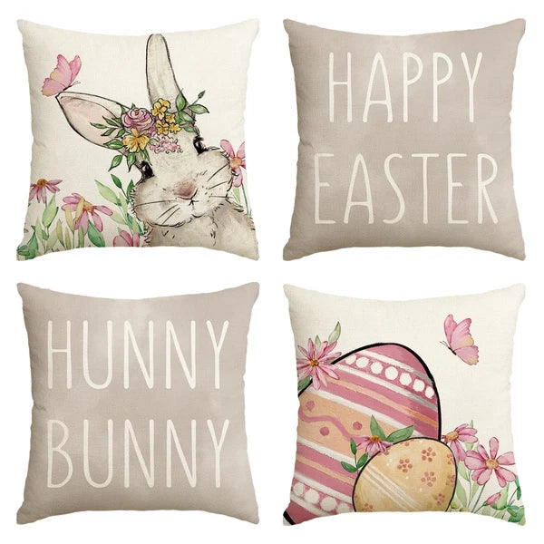 Happy Easter Pink Throw Pillow Covers, Easter Eggs Bunny Cushion Case for Sofa