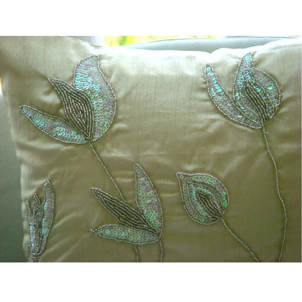 Couch Cushion Cover Beige 16"x16", Bed Decor Silk Lily - Lily Of The Valley