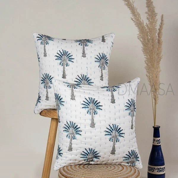 Grey & Blue Palm Tree Pillow Cover Bed Sofa Cushion Case Indian Cotton Cover