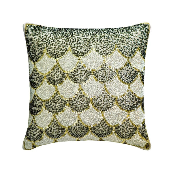Square Couch Cushion Cover Ivory 16"x16", Bed Decor Velvet Beaded - Abigail