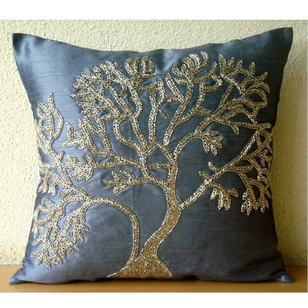 Couch Pillow Case Blue 16"x16", Bed Decor Silk Tree Beaded - Paradise Tree