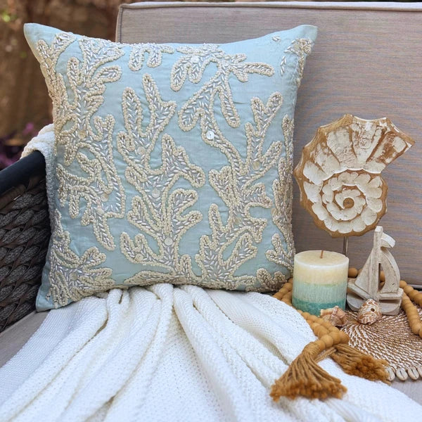 Decorative Sofa Cushion Case Blue 16"x16", Bed Decor Cotton - Pearly Sea Tangle