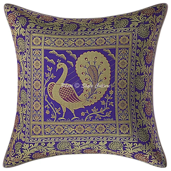 Indian Brocade Sofa Cushion Cover Handmade Peacock Pillow Case Cover Throw 12"