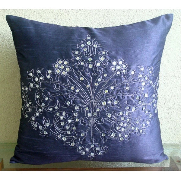 Square Couch Pillow Case Blue 16"x16", Bed Decor Silk Fabric - Crystal Damask