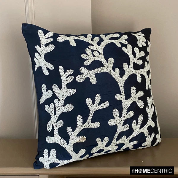 Couch Pillow Cover Blue 16"x16", Bed Decor Silk Sea Creatures - Navy Corals