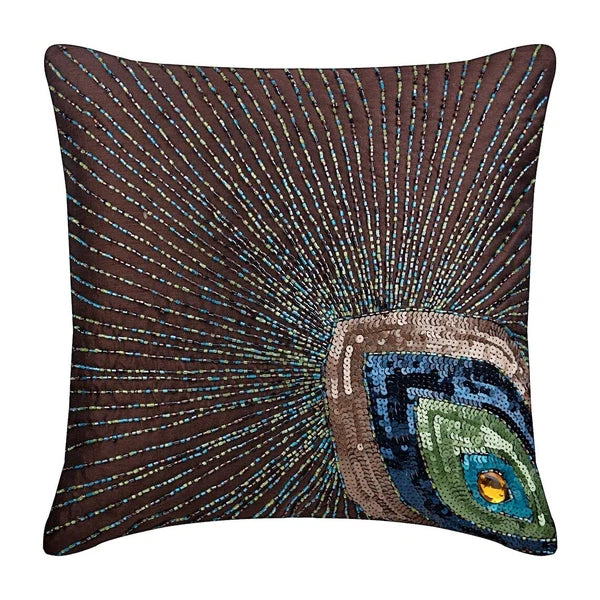 Decorative Sofa Cushion Case Brown 16"x16", Bed Decor Silk - Peacock Sparkle