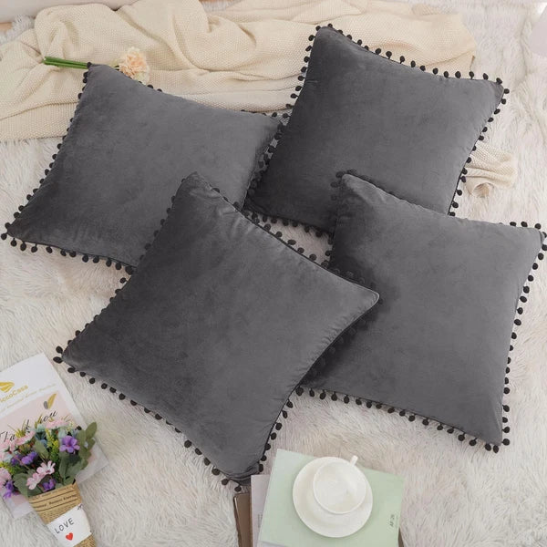 Velvet Pillow Cover with Pompoms for Sofa Bed 4PCS