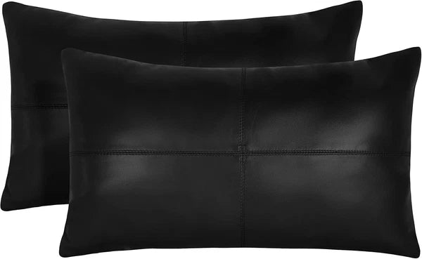 Elegant Lambskin Leather Black Plain Rectangular Pillow Cover Sofa Cushion Case
