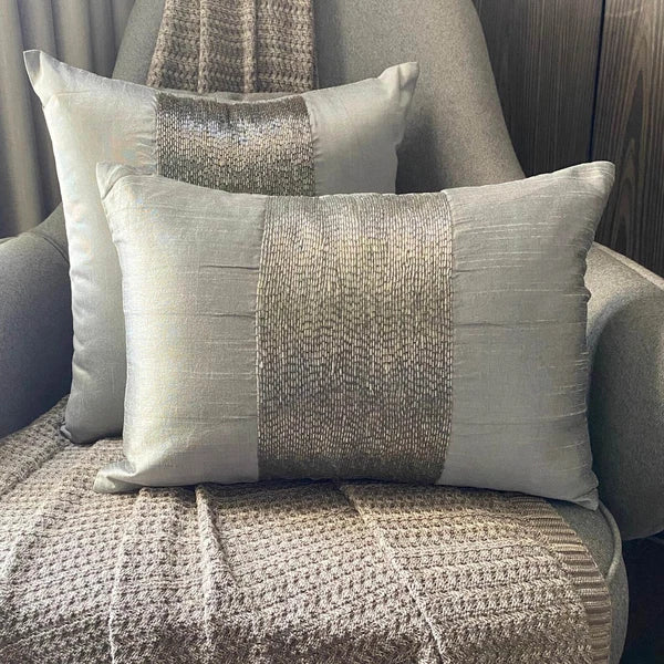 Couch Cushion Case Silver 16"x16", Bed Decor Silk Beaded - Silver Center