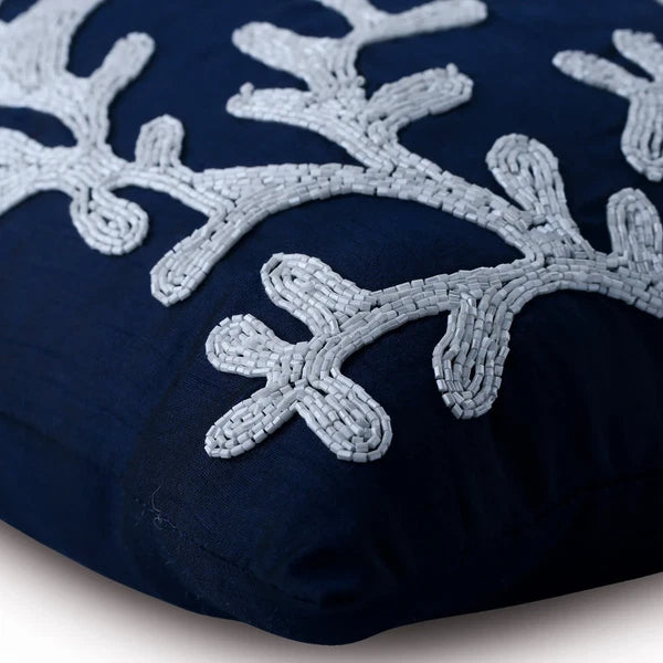 Couch Pillow Cover Blue 16"x16", Bed Decor Silk Sea Creatures - Navy Corals