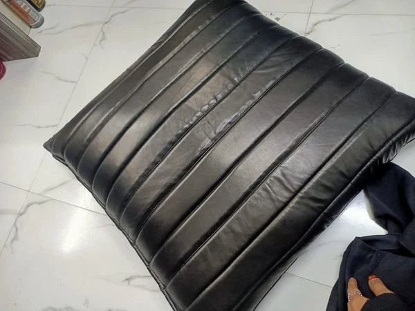 Black Lambskin Leather Cushion Cover, Sofa & Bed Throw Pillow Cover High Quality