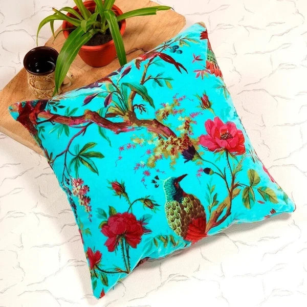 Indian Blue Bird Velvet Cushion Cover Home Decor Sofa Decor Pillow Case Cover AU