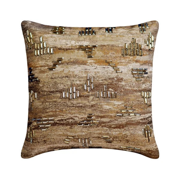 Couch Pillow Case Beige 16"x16", Bed Decor Silk Beaded Embroidery - Cabana Home