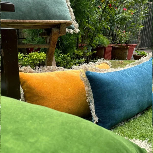 Boho Velvet Fringe Pillow Cover – Handmade Cotton Cushion for Sofa or Chair