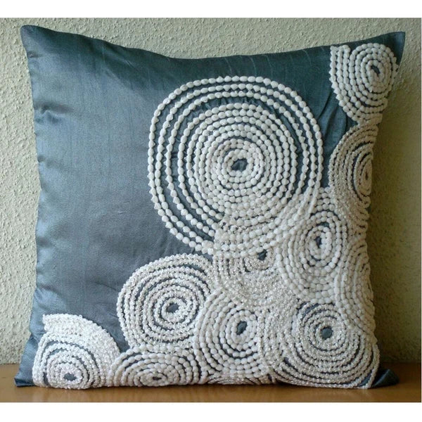 Couch Cushion Cover Blue 16"x16", Bed Decor Silk Pom Pom Lace - Snow Centric