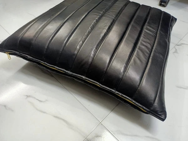 Black Lambskin Leather Cushion Cover, Sofa & Bed Throw Pillow Cover High Quality