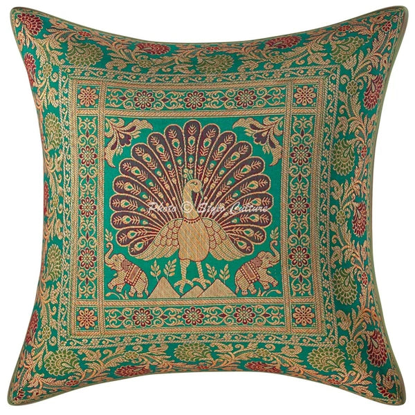 Peacock Brocade Cushion Cover Indian Handmade Throw Sofa Pillow Case Cover 12"