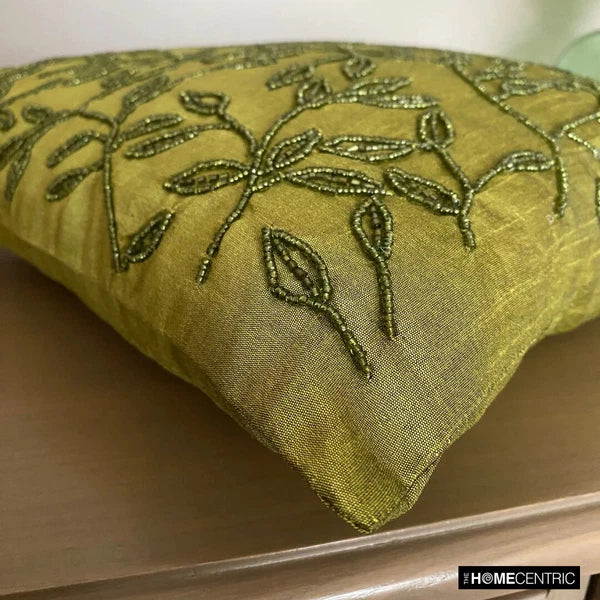 Square Sofa Pillow Case Green 16"x16", Bed Decor Silk Leaf Beaded - Tropical