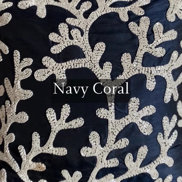 Couch Pillow Cover Blue 16"x16", Bed Decor Silk Sea Creatures - Navy Corals