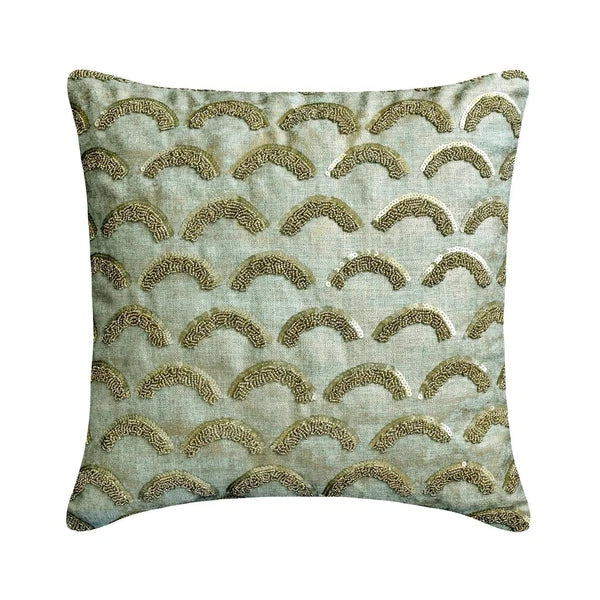 Couch Pillow Cover Blue 16"x16", Bed Decor Silk Beaded Embroidery Foil - Erdene