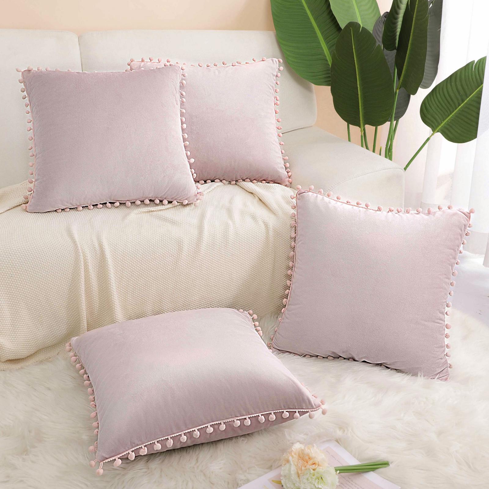 Velvet Pillow Cover with Pompoms for Sofa Bed 4PCS