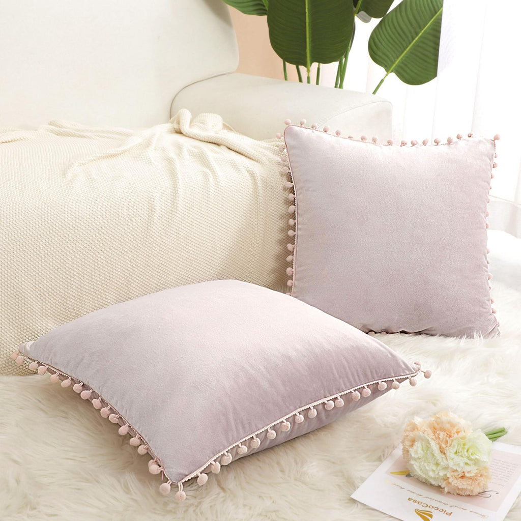 Velvet Pillow Cover with Pompoms for Sofa Bed 2PCS